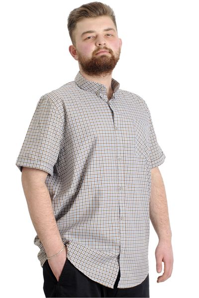 ModeXL Mode Xl Ανδρικό πουκάμισο μεγάλου μεγέθους καρό κοντό μανίκι 23301 Σκούρο καφέ