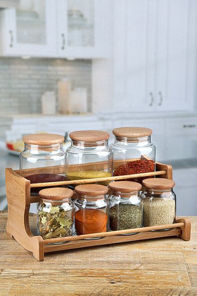 Karçiçeği Home Smyrna Bamboo Stand Glass Spice Rack Set 8 Pieces