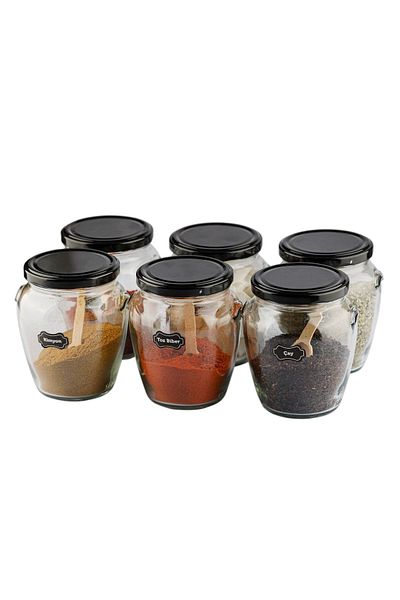 Karçiçeği Home 6-Piece 580 Cc Glass Jar with Lid - Black Lid and Label