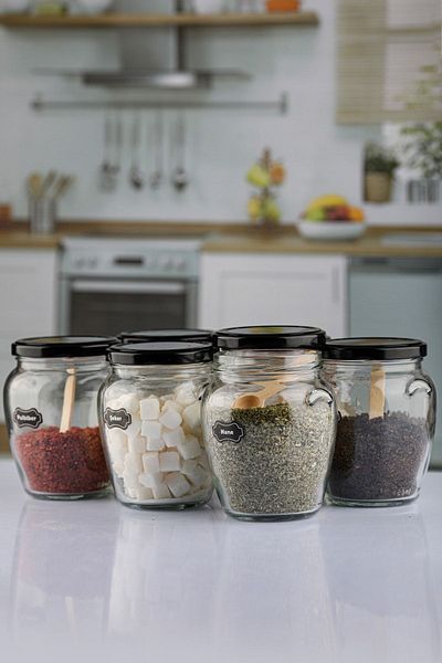 Karçiçeği Home 6-Piece 580 Cc Glass Jar with Lid - Black Lid and Label
