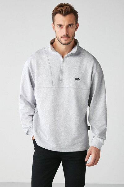 GRIMELANGE Men's Organic Cotton Embroidery Detailed Stopper Elastic Zippered Stand Collar Grimelange Sweatshirt