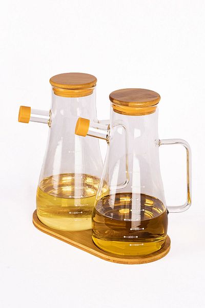 Karçiçeği Home 900 ml Borosilicate Glass Oil Vinegar - 2-Piece Vinegar with Bamboo Lid