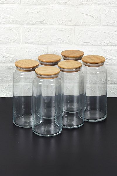 Karçiçeği Home Jumbo Size 6-Piece Vacuum Glass Jar with Bamboo Lid - Spice Set 1440ml