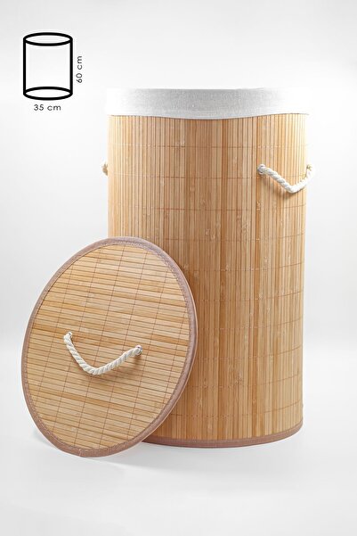 Karçiçeği Home Katlanır Naturel Yuvarlak Banyo Doğal Bambu Çamaşır Kirli Sepeti - Oyuncak Sepeti Büyük