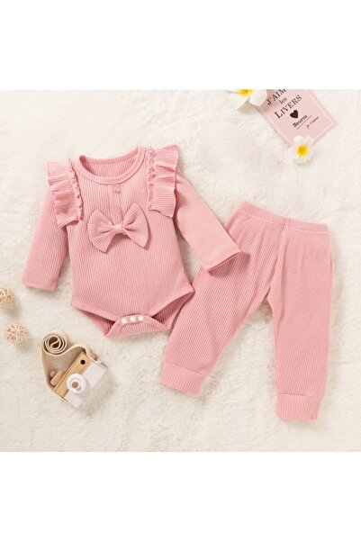 bebekpare Girl's Ribbed Bottom Top Ribbon Suit Powder 100% Cotton