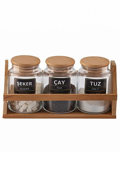 Karçiçeği Home Set of 3 800ml Tea Coffee Sugar Jars with Bamboo Lid, Stand and Label