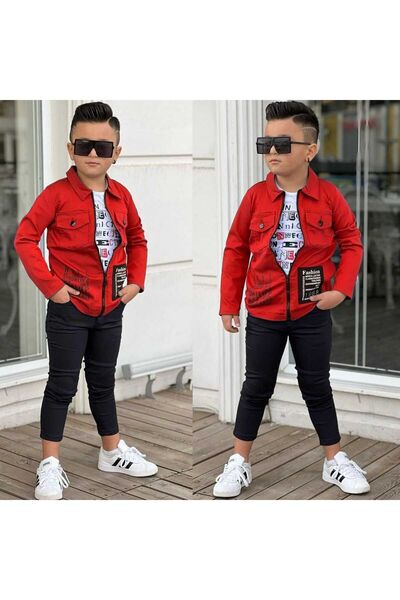 elfanto kıds Boy's Gabardine Jacket and T-shirt Set - 3-Piece Combination