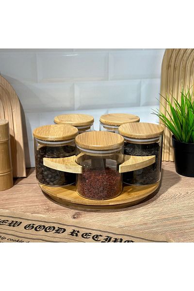 Karçiçeği Home Bamboo Spice Rack Set with Rotating Stand 6 Pieces