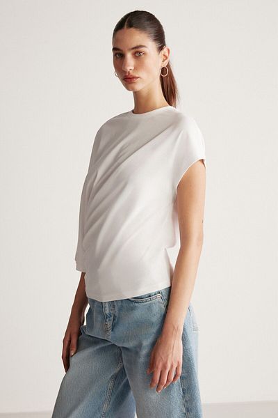GRIMELANGE Asymmetric Cut Solid White T-shirt - Short Sleeve, Crew Neck