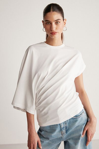 GRIMELANGE Asymmetric Cut Solid White T-shirt - Short Sleeve, Crew Neck