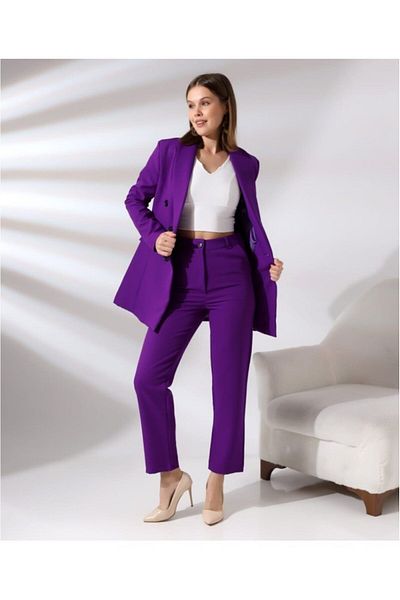 TANE TASARIM Women's Double Breasted Blazer Jacket Cotton Stretch Fabric Trousers Purple Suit 029