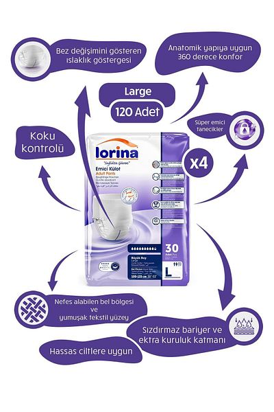 LORİNA Adult Absorbent Panties Large 30 Pack of 4 Pack 120 Pieces