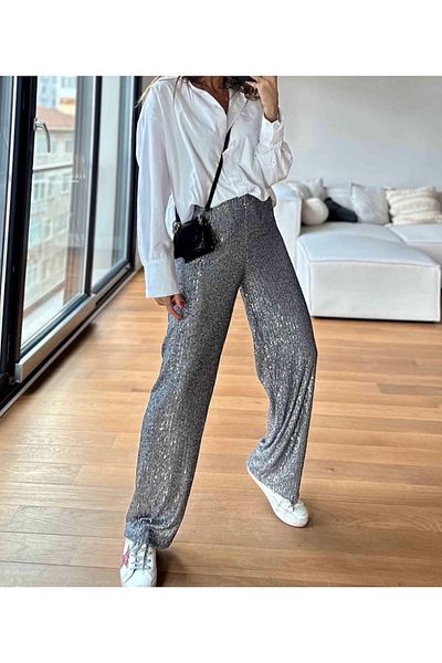 AYSİ COLLECTİON Elastic Waist and Sequin Sequined Design Loose Trousers Silver