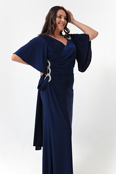 Lafaba Női sötétkék rövid ujjú, hasított hosszú, plusz méretű estélyi ruha