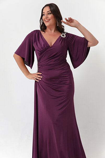 Lafaba Damska fioletowa suknia wieczorowa z krótkim rękawem i rozcięciem, w dużych rozmiarach