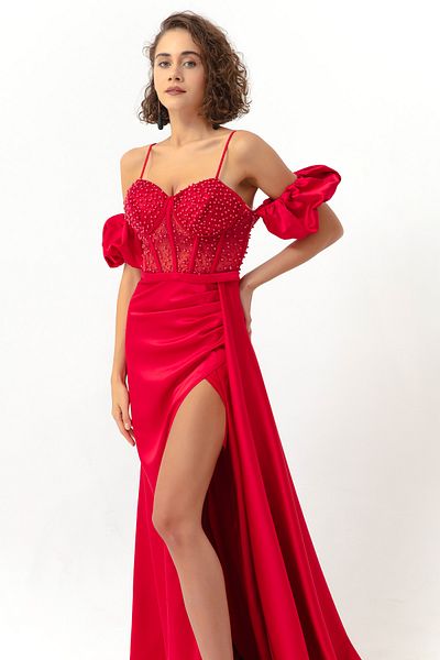 Lafaba Women's Red Underwire Corset Detailed Low Shoulder Long Evening Dress