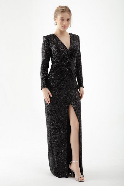 Lafaba Schwarzes langes Abendkleid mit zweireihigem Kragen und Pailletten für Damen