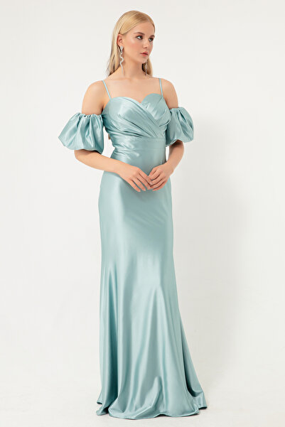 Lafaba Női menta zöld kötélpántos alacsony ujjú, hosszú szatén estélyi ruha