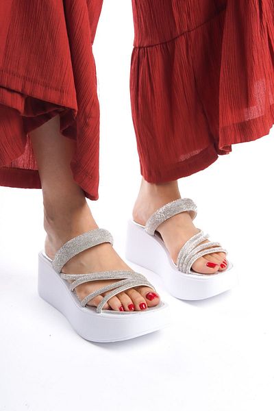 ÜNAL ÖZER Women's High Sole Slippers with Stones and Cross Straps - Lame