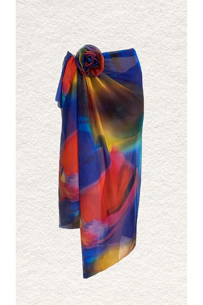 quella atelier Long Midi Patterned Pareo with Rose Brooch