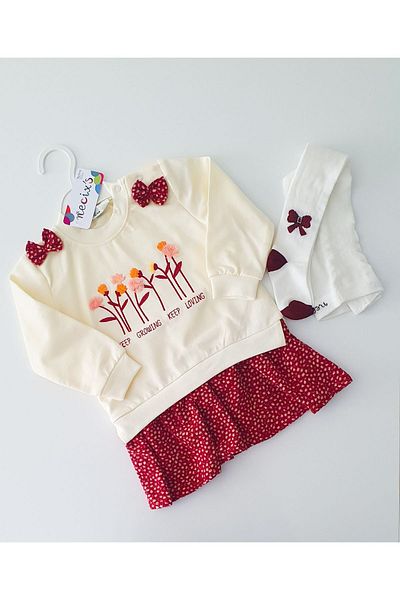 Necix's Floral Embroidered Baby Dress and Pantyhose Set with Bow on the Shoulder