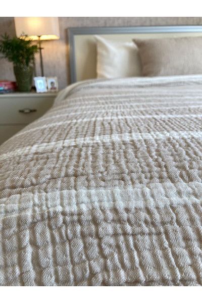 YASEMİNİNEVİ Mink Striped King Size Muslin Bedspread/Pique
