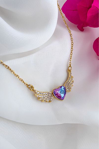 The Collection Non-Tarnish Purple Heart Zircon Stone Wing Steel Necklace