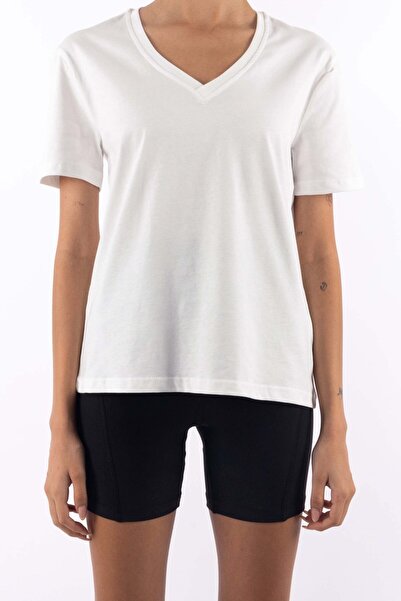 Coredra Tricou de damă de bază cu decolteu în V de culoare ecru