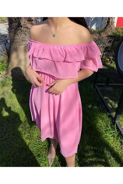 Bersi Butik Rochie Roz Sifon Guler Carmen