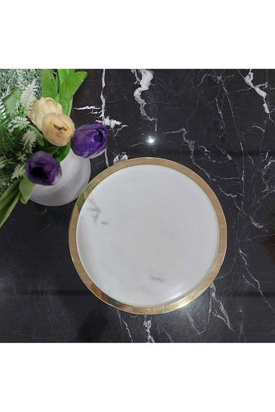 Sümeyra Marble Art Natural White Marble Leg - Gold Detail - Cake Stand