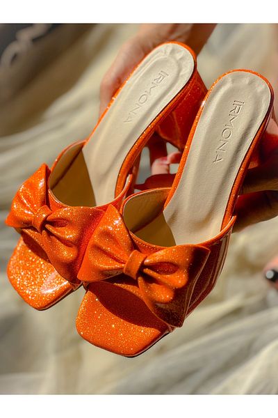 irmona Bow Orange Orange - Papuci cu fundă cu toc din piele lacuită exclusivă cu sclipici