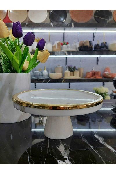 Sümeyra Marble Art Natural White Marble Leg - Gold Detail - Cake Stand