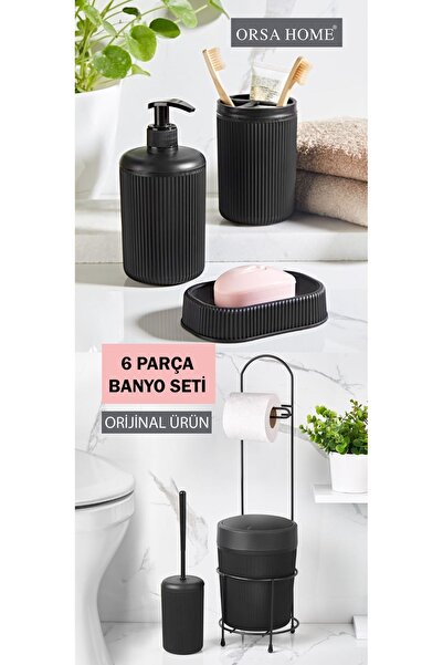 ORSA HOME 6 Parça Siyah Banyo Seti Metal Stantlı Wc Kağıtlık,kova Fırça, Katı-sıvı Sabunluk, Diş Fırçalık