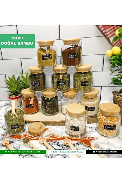 Karçiçeği Home 12-Piece Natural Bamboo Lid, Vacuumed Luxury Glass Spice Set - With Spoon and Label -