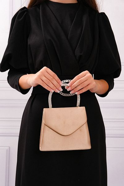 ROZA CANTA Women's Nude Satin Stone Handle Detailed Evening Shoulder Bag