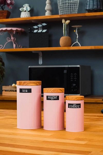 UCR HOME Set of 3 Metal Tea Coffee Candy Storage Jar - Pink
