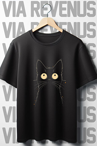 Vordevia Crna Oversize kroj mačka Štampano okrugla kragna T-shirt