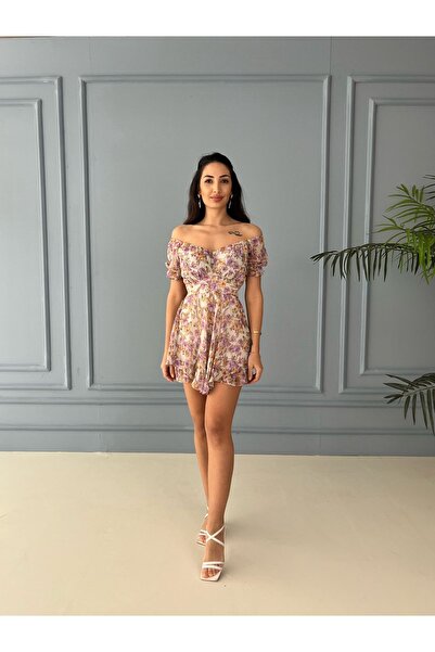 Rabia Çelik Asimetrik Etekli Çiçek Desen Mor Şifon Elbise