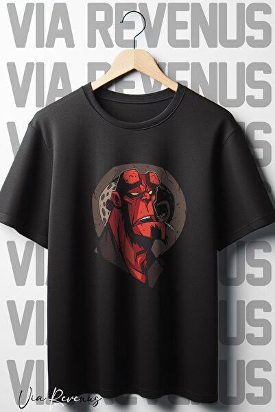 Vordevia Hellboy Štampano Crna Oversize kroj T-shirt - okrugla kragna