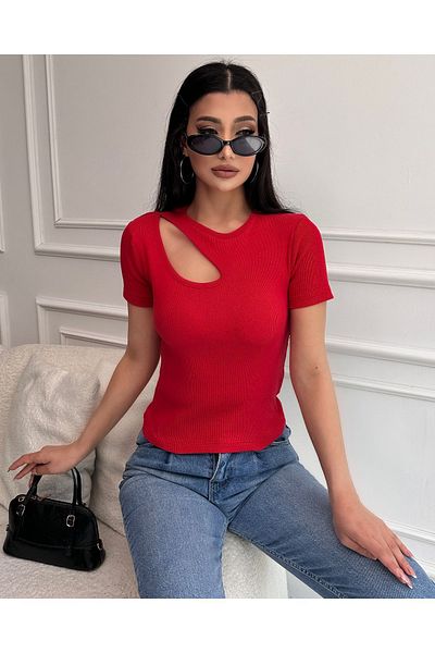 Chicup Women's Ribbed Red Knitted Blouse - Window Detail