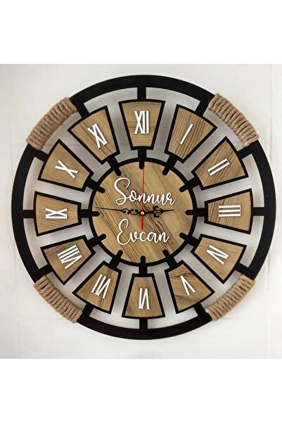 AHŞAP HEDİYENİZ İsimli Ahşap Dekoratif Halatlı Duvar Saati, Kişiye Özel Saat, Işyeri Saati