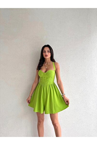Rabia Çelik Şortlu Sırtı Çapraz Mini Yeşil Elbise