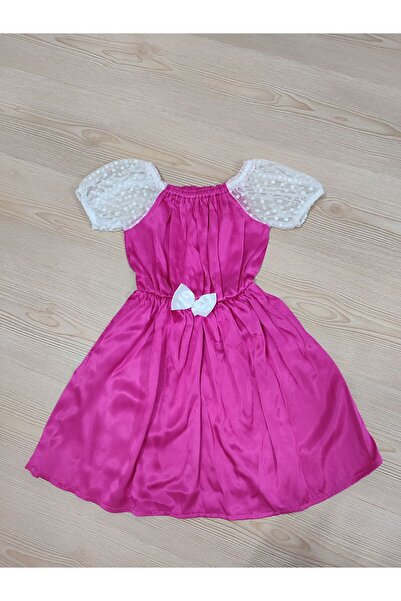 Kız çocuk pembe saten kolları puantiyeli tül lastikli beli lastikli kurdeleli elbise (5-9yaş)