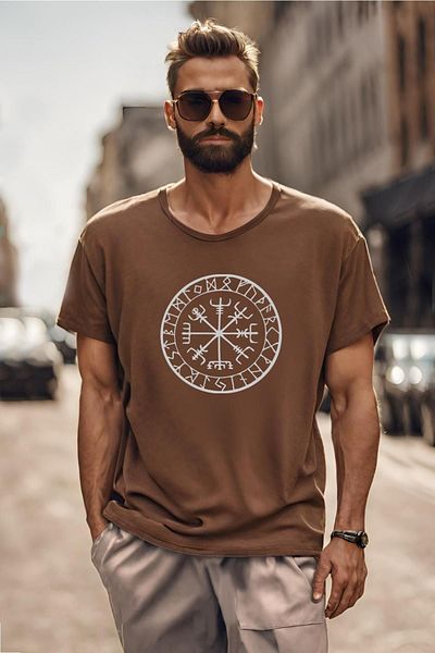 Boi Vikings Kompass Printed - Ασπρόμαυρο μπλουζάκι Oversize, κοντομάνικο μασίφ χτενισμένο βαμβακερό
