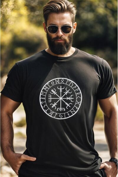 Boi Vikings Compass Printed Oversize Casual Cut Μαύρο και άσπρο μπλουζάκι- κο...
