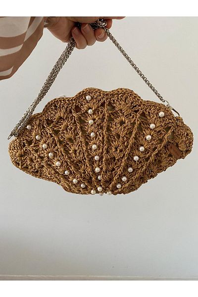 ESSLERA Geantă sport din paie - Curea elegantă cu lanț, detaliu Oyster, frânghie de hârtie împletită