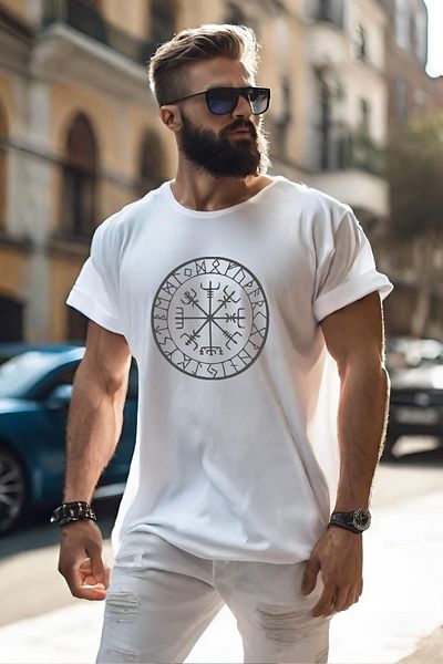 Boi Tricou alb-negru cu imprimeu supradimensionat cu compas Vikings - Tricou cu mânecă scurtă din bumbac pieptănat simplu