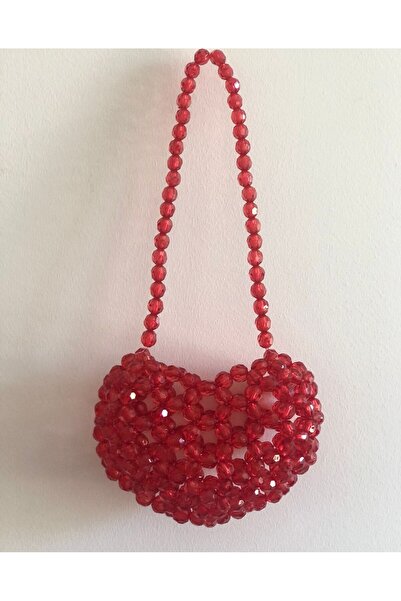 HobiMark25 Kırmızı boncuk Kalp Çanta,küçük 16x12 Love Çanta, kristal boncuklu...