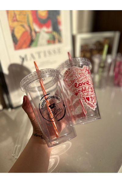 MİMOZA PARK 480 ml Patterned Double Layer Crystal Glass with Straw & Soft Drink Glass