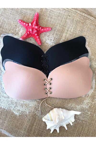 mirach 2’li Paket Askısız Kelebek Sütyen Seti | Siyah Ve Ten Rengi Dolgun Gösteren Dikişsiz Silikonlu